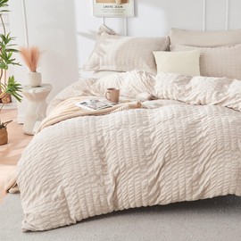 HYMOKEGE Beige King Size Comforter Set Seersucker 7 Pieces, All Season Luxury Bed in a Bag for Bedroom, Bedding Set with Comforters, Sheets, Pillowcases & Shams