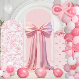 Soulchen Pink Bow Floral Arch Backdrop Cover Set of 3 with 200 Balloons 4/5/6 ft Fabric Pink White Wedding Chiara Arch Covers for Coquette Bow Party Birthday Wedding Bridal Shower Party Decorations