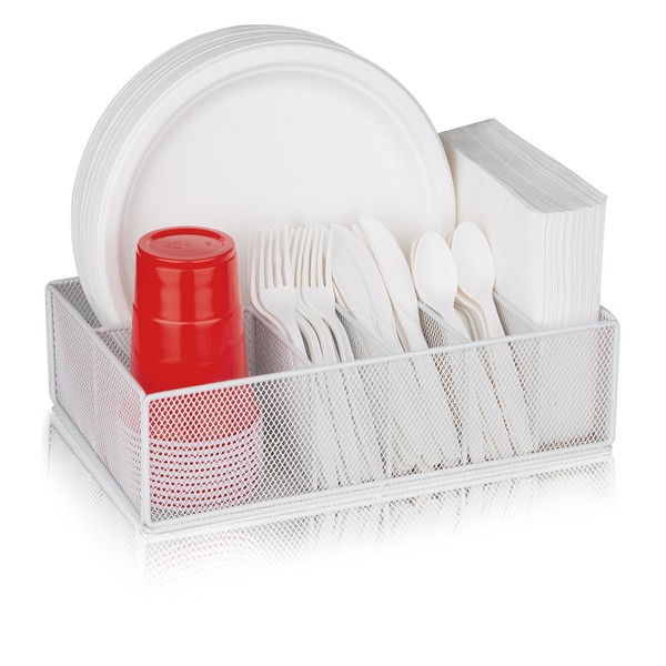 Paper Plate Organizer for Countertop, Metal Silverware Caddy with 6