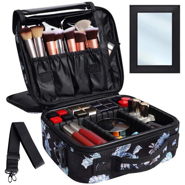 Kootek Travel Makeup Bag 2 Layer Portable Train Cosmetic Case Organizer with Mirror Shoulder Strap Adjustable Dividers for Cosmetics Makeup Brushes Toiletry Jewelry Digital Accessories