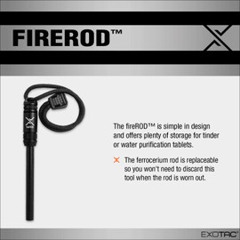 EXOTAC - fireROD Ferrocerium Rod Fire Starter with a Tinder Capsule for Emergency Kits, Camping, Hiking, and Outdoor Essentials (Black)