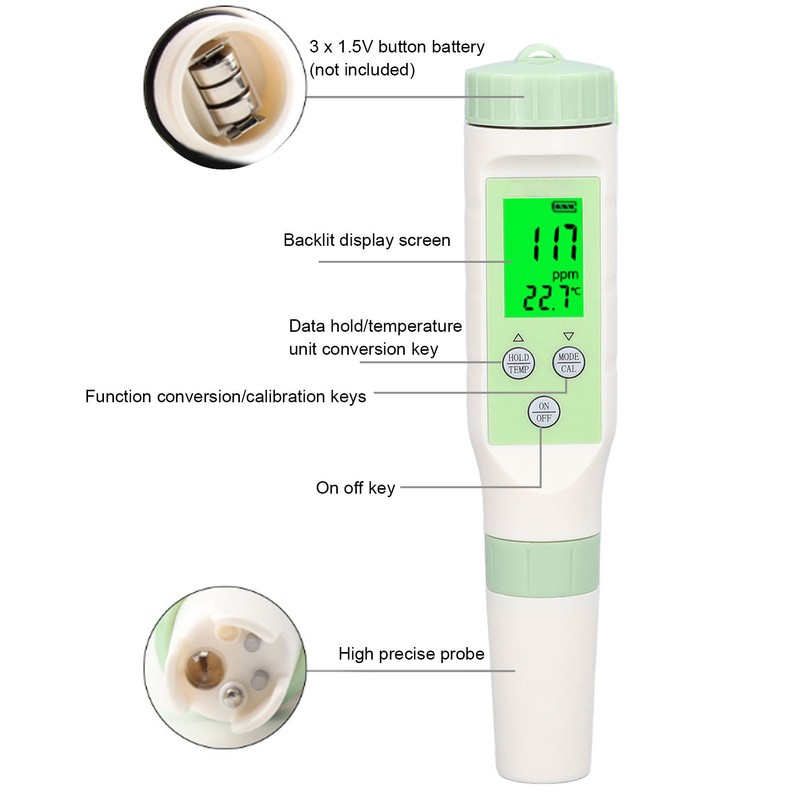 3 in 1 TDS PH Temperature Meter High Accuracy Backlit