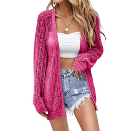 Women Crochet Lightweight Cardigan Long Sleeve Open Front Summer Cardigan Sweater Hot Pink