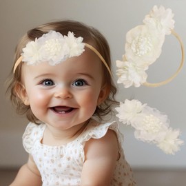 Kenjudess Stretchy Baby Girl Flower Headbands Elastic Nylon Floral Hairbands Bows Wrap for Newborn Toddler Infant Hair Accessories (White, Standard Small)
