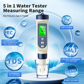 YAOBLUESEA 5 in 1 Wassertester PH Messgerät, Wasserqualität Tester mit Digital-Display, TDS/EC/Salzgehalt/Temperatur/pH Tester, Hochpräzises Messgerät für Trinkwasser, Pool, Aquarien, Hydroponik