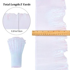 GORGECRAFT 5Yds x 6" Pleated Satin Organza Lace Ribbon Retro Ruffle Trim Chiffon Iridescent White Sheer Ribbon Tulle Fabric Applique Trimming Craft Sewing Clothing Dress Bag Decoration