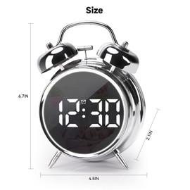 Digital Small Alarm Clock, 4.5 Inch Double Bell Electronic LED Alarm Clock, Plug in or Battery Operated Silent Metal Table Clock, Bedside Loud Bell Clock for Heavy Sleepers Adults Kids (Silvery)
