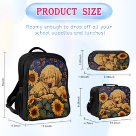 Lovira Dog Sunflower Backpack Golden Retriever Floral Bookbag 17 Inches 3PCS Set with Lunch Box Pencil Case School Bag Daypack for Kids Girls Boys Students