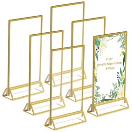 6 Piezas Marcos de Fotos Dorados de Doble Cara, Soporte Acrílico para Letreros, Soportes de Exhibición de Menú de Mesa, Marcos de Fotos para Números de Mesa de Boda, 4 x 6 Pulgadas