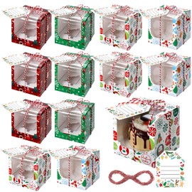 Cholemy 36 Pcs Christmas Cupcake Boxes Christmas Cookie Boxes with Window Individual Cupcake Box Single Cupcake Containers Paper Holders with Inserts and Tags for Muffins Cookies Xmas Party Packaging