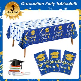 Graduation Tablecloth Party Decorations 2023, 3 Pack Blue Large Size 54"x108" Congrats Grad Disposable Rectangle Table Covers Plastic Table Cloth for College High School Class of 2023 Party Supplies