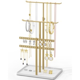 susswiff Jewelry Holder Organizer Stand - Adjustable Jewelry Tree 17.5" Height (Max), Jewlery Hanger for Necklaces, Bracelets, Earrings, Aesthetic for Storage and Display, Metal, Gold and White