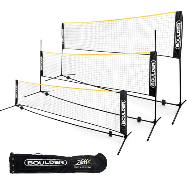 Boulder Badminton Pickleball Net - Height Adjustable Portable Net for Junior Tennis, Kids Volleyball & Soccer, and Backyard Games - Easy Setup Nylon Sports Net with Poles 10 ft/14ft/17ft Wide