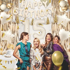 15th Birthday Decorations for Girls, Happy 15th Birthday Decorations for Her White and Gold Balloons White Sand Foil Balloons Happy Birthday Banner Fringe Curtain Sash Boho Birthday Party Supplies