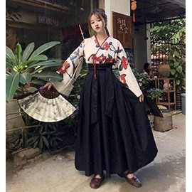 Lady Lazy Taisho Roman, Hakama, Kimono, Chinese Clothing, Cosplay, Ethnic Costume, Women's, Large Size, Crosswear, Long, Camellia Pattern (Black, 3XL)