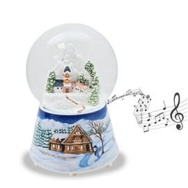 Snow Globe Christmas Music Box Mountain Village with Church Base Winter Landscape Medium Blue Music Box Winter Wonderland Shaker Christmas Decoration W 10 cm H 14 cm 20289
