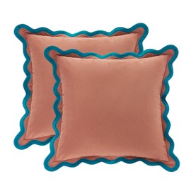 MONDAY MOOSE Decorative Throw Pillow Covers Cushion Cases, Set of 2 Soft Velvet Scalloped Wavy Edge Designs, Mix and Match for Home Decor, Pillow Inserts Not Included (Teal/Pink, 16x16 inch)