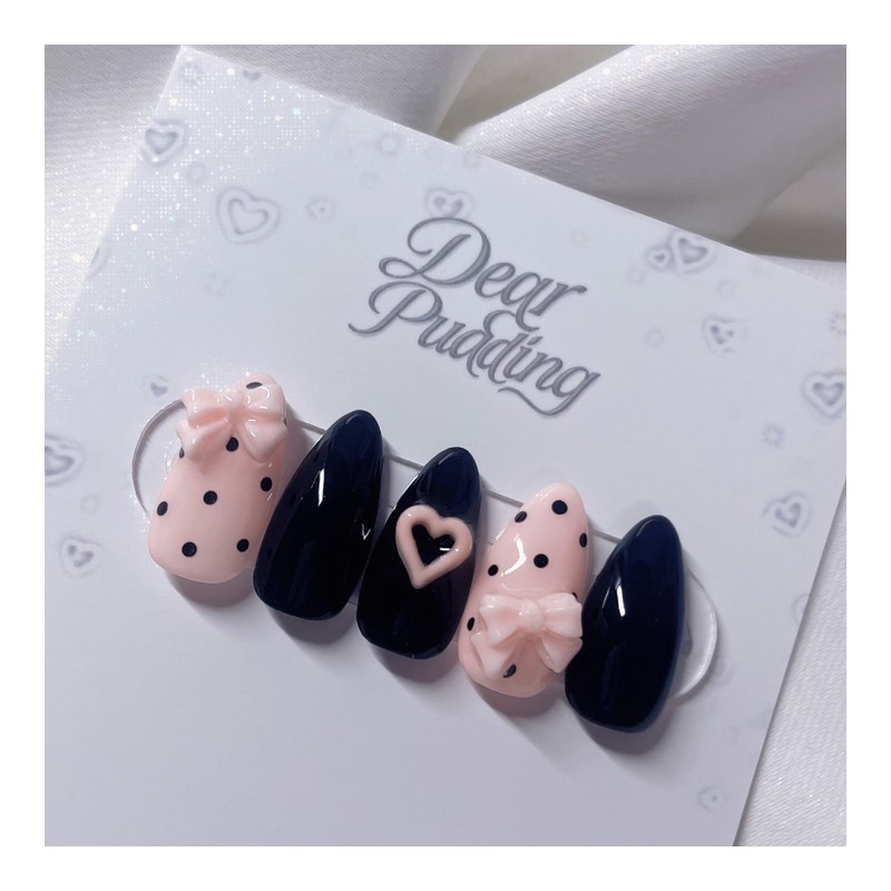 [Handmade Nail Tips] Ribbon Dotted Nail Tips - Stiletto /