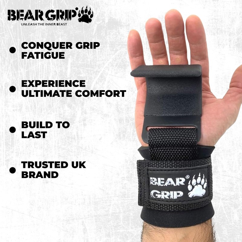 BEAR GRIP Weight Lifting Hooks, Non-Slip Rubberised Grips (Black)