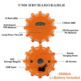 Ecoangel USB Rechargeable LED Road Flares Emergency Lights-Roadside Warning Car Safety Beacon Flashing Disc Flare Kit with Magnetic Base for Vehicles & Boat | 12 Beacon Disc Pack