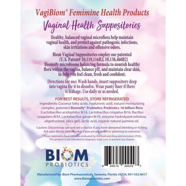 Biom Probiotic Suppository: Natural Vaginal pH and Odor Control Regimen; Balance and Nourishes Vaginal Microbiome; No Parabens (30)