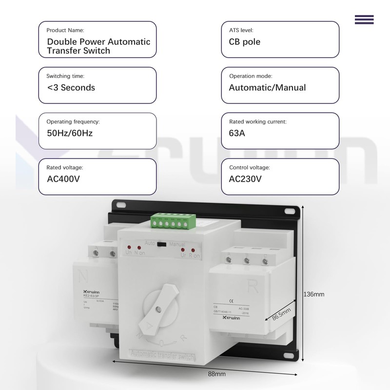 KERWINN Dual Power Automatic Transfer Switch 110V 63A Outdoor Generator