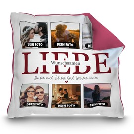 PR Print Royal Cushion with Filling – Design Your Own Photo Collage with Saying – Wir für Immer – with Name and Six Own Photos – Gift Idea Photo Cushion | Colour Cushion Back Pink, 40 x 40 cm