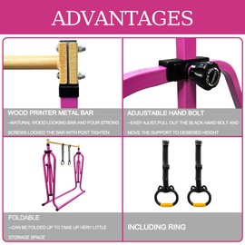 Peakpath Foldable Gymnastics Kip Bar with Mat and Ring Set,3' to 5' Height Adjustable,Kids Gymnastic Equipment for Ages 3-15,Indoor and Home Training- Max Load 260LBS