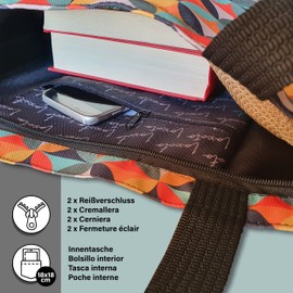 Loxato Tote Bag with Zip - Women's Shoulder Bag with Zip - Waterproof Oxford Fabric - Printed Fabric Bag - Shoulder Bag Large W 37 x H 42 cm - Women's Bag, Hippie 01