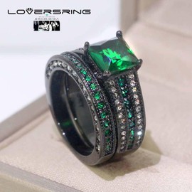 His and Hers Wedding Ring Sets Couples Rings Women 10K Black Gold Filled Green Emerald Wedding Engagement Ring Bridal Sets Men's Wedding Band
