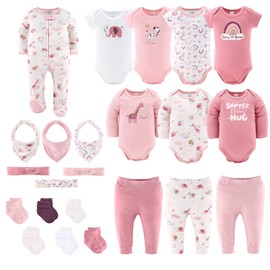 The Peanutshell Baby Layette Gift Set for Girls - 23 Piece New Born Girl Gift Set, Baby Clothes & Newborn Essentials Must Haves - Newborn Clothes 9-12 Months - Rainbow Safari