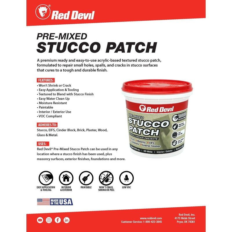 Red Devil 0450 Pre Mixed Stucco Patch, Off White, Quart,
