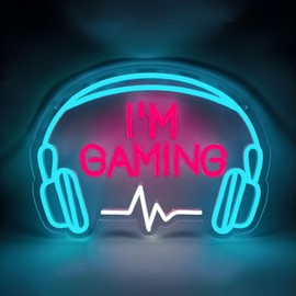 Gamer Neon Sign I'm Gaming Neon Light Up Sign for Game Room Wall Decor Headphones Shaped Led Gaming Sign for Teen Boys Room Decor USB Powered Gamer Gift for Boys Kids Teens(14.56inch*11inch)