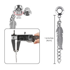 CAIRIAC Feather Ear Gauges Dangle Plugs Tunnel for Ears, 2g 6mm Gauges for Ears, Dangle Gauges with Chain, Stainless Steel Feather Chain Dangle Tunnels Plugs Earrings Hollow Gauges (Silvery)