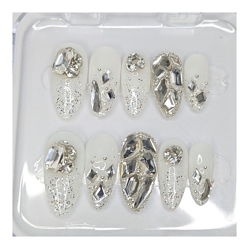 Wedding White Full Stone Handmade Nail Tips - Long Coffin
