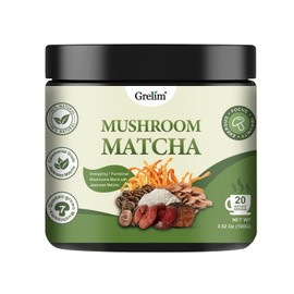 Grelim Mushroom Matcha Infused With 7 Superfood Mushrooms, MCT Oil, Coconut Milk Powder - Great Tasting Matcha Latte 3.52 Oz