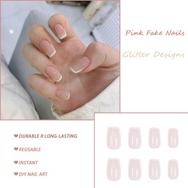 Press on Nails French Tip Nails Medium Long Square Fake Nails Full Cover Nude Acrylic False Nails with Glossy Artificial Nails for Women and Girls 24PCS