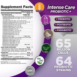 Vital Planet - Intense Care Bowel and Diarrhea Probiotic Supplement with Organic Prebiotics, Postbiotics, and Parabiotics, Lactobacillus Rhamnosus and Saccharomyces, 65 Billion CFU, 64 Strains, 30 Ct