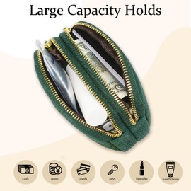 WOZEAH Leather Coin Purse for Women Small 2 Zipper Change Wallet with Key Ring Card Key Coin Cash Holder Pouch(Green)