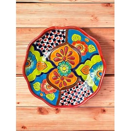 Talavera Scalloped Edge Plate – 12-Inch Round Handmade Mexican Pottery – Decorative Serving Platter or Dinner Plate – Can Be Hung on the Wall – Hand-Painted & Unique (Red)