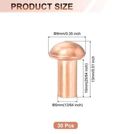 uxcell 30 Pcs 13/64" x 25/64" Round Head Copper Solid Rivets Fasteners
