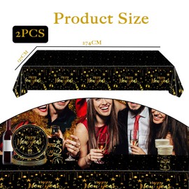 Happy New Year Eve Tablecloth Plastic Table Cover,2Pcs New Year Table Cloth 137x274cm Rectangle Black Gold Happy New Year Eve Party Tablecloths for 2025 New Year Party Supplies Table Decorations