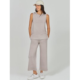 ANRABESS Women's 2 Piece Sets Summer Outfits Sleeveless Wide Leg Tracksuits Casual Sweat Sets Lounge Sweatsuits Light Khaki XX-Large