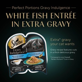 Sheba Gravy Indulgence Adult Wet Cat Food (24 Count, 48 Servings), White Fish Entrée in Extra Gravy, Easy Peel Twin-Pack Trays