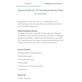 Anthropologie Deck The Halls Susannah Garrod Dessert / Salad Plate NWT NEW