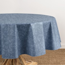 Elrene Home Fashions Camile Floral Damask-Scroll Water- and Stain-Resistant Vinyl Tablecloth with Flannel Backing, 60 Inches X 84 Inches, Oval, Blue