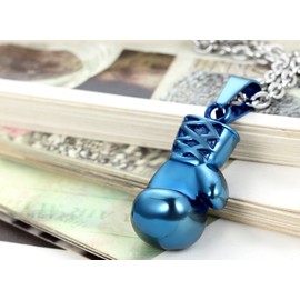 Flongo Men's Biker Stainless Steel Blue Boxing Glove Pendant Necklace, 22 inch Chain