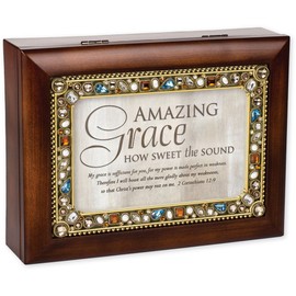 Cottage Garden Amazing Grace Walnut Wood Finish Jeweled Lid Jewelry Music Box Plays Tune Amazing Grace