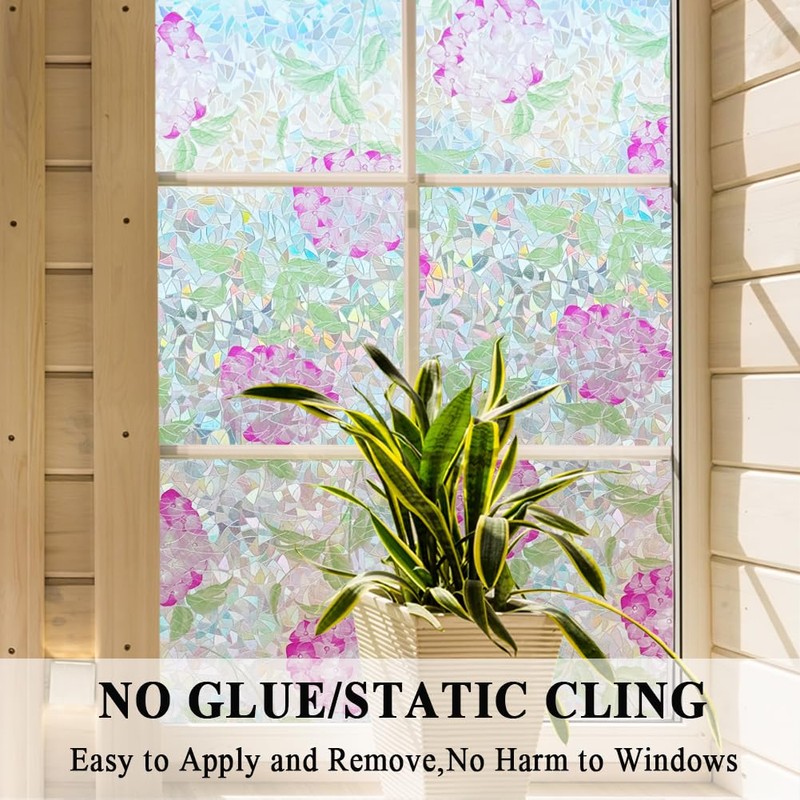 No Glue Window Film Hydrangea Flower Privacy Stained Glass Sliding