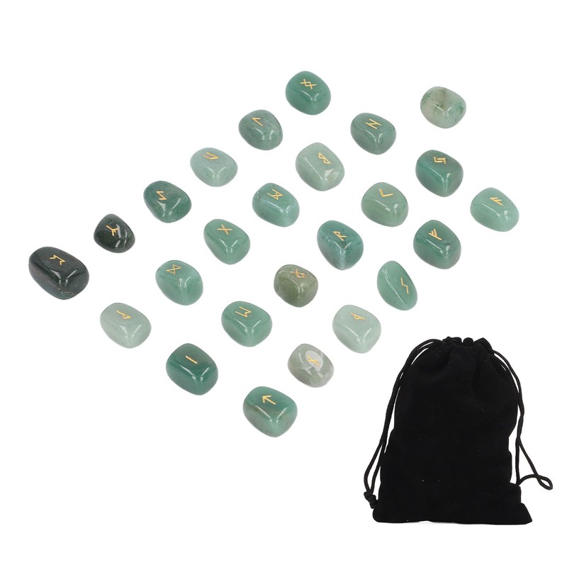 25pcs Rune Stones Set Hand Carved Polished Green Aventurine Portable